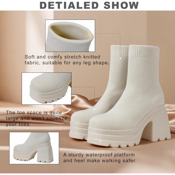 🆕Women Beige Knit Square Toe Stretch Soft Block High Heel Punk Dress Sock Boots - Picture 7 of 7
